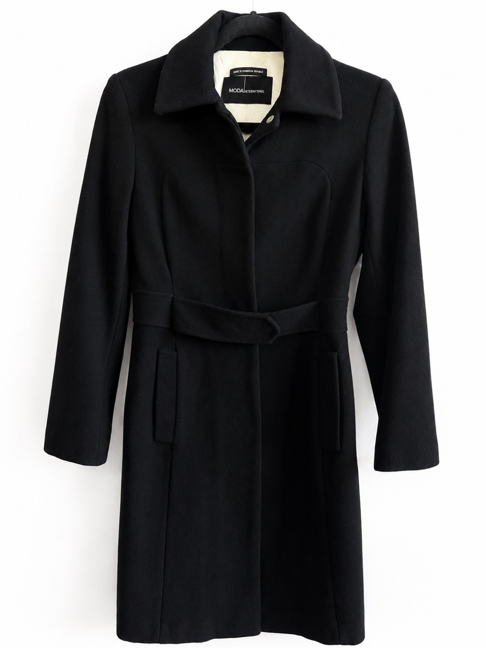 Moda International Black 100% Wool Long Belted Coat Snap Front Lined Pockets 2P